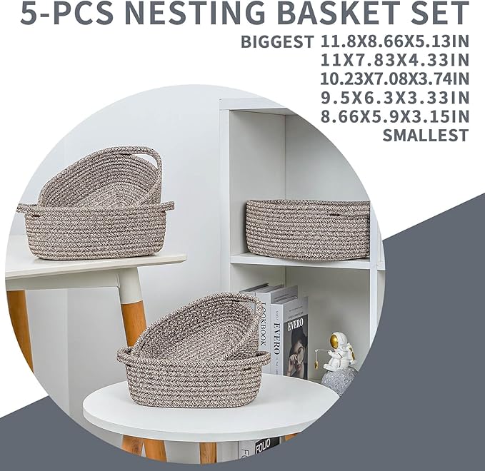 CubesLand Small Shelf Shelves Closet Over Toilet Storage Cube Organizer Basket Bin 5-Piece,Woven Basket Bin for Organizing,Nesting Cute Rope Baby Dog Cat Toy Basket Box,Brown Basket for Storage