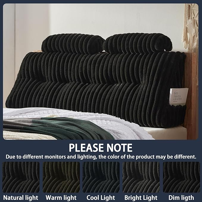 Faux Fur Headboard Pillow with 2 Pack Neck Roll Pillow Large Headboard Pillow Soft and Supportive with Removable Cover (Black, King)