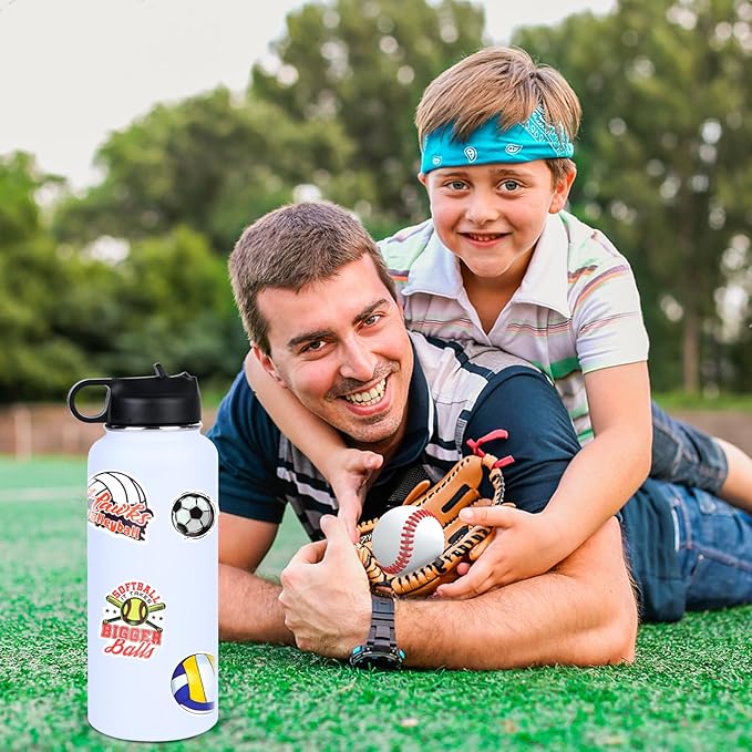 Sport Water Bottle,304 Stainless Steel Double Insulated Water Bottle with 50 Sports Themed Stickers and Lid Straw(32OZ)
