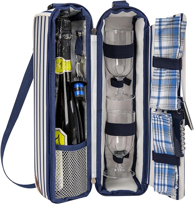 ALLCAMP Wine Tote Bag with Cooler Compartment,Picnic Set Carrying Two Sets of Tableware(Blue Stripe)