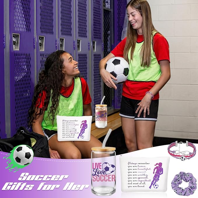 SilTriangle 4 Pcs Girls Soccer Gifts Soccer Glass Cup 16oz Soccer Water Bottles Inspirational Soccer Theme Makeup Bag Soccer Bracelet Elastic Soccer Scrunchies for Girls Back to School Soccer Lovers