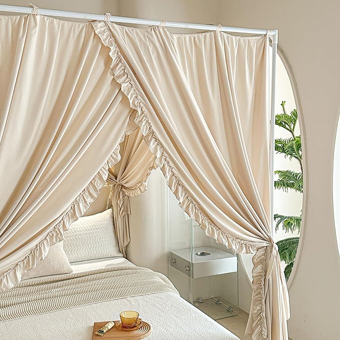 AIKASY Princess Canopy Bed Curtains with Top Ties - Windproof & Lightproof for Girls' Adult Bedroom Decor | Bed Canopy Drapes (Full,Khaki)