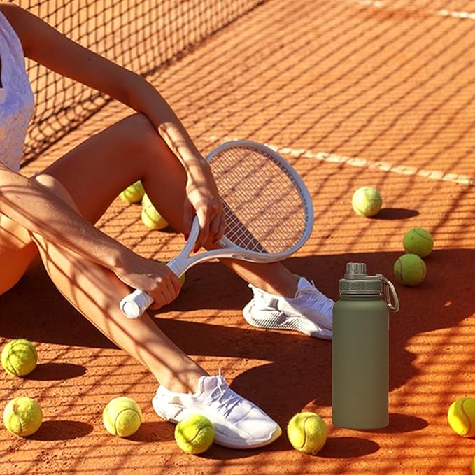 Grey 32 OZ Insulated Water Bottle, Dark Gray Large Metal Insulated Stainless Steel Water Flask, Big Sports Travel Water Bottle with 2 Lids, Insulated Thermos Thermal Mug Cup