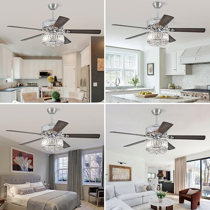 Chandelier Ceiling Fans with Lights - 52 Inch Modern Farmhouse Fandelier Ceiling Fan with Remote, Crystal Ceiling Fan Light for Bedroom Living Room, Dual Finish Wooden Blades, Chrome