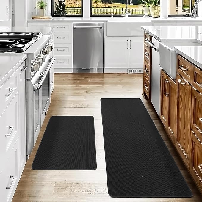 COSY HOMEER 20x30 Inch/20X48 Inch Kitchen Rug Mats Made of 100% Polypropylene Strip TPR Backing 2 Pieces Soft Kitchen Mat Specialized in Anti Slippery and Machine Washable,Black