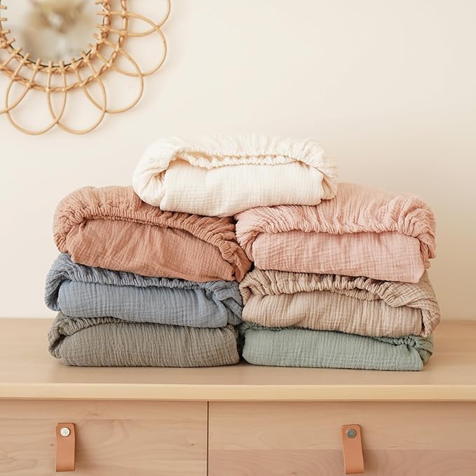 Konssy Muslin Fitted Crib Sheets 100% Cotton Baby Crib Sheets for Standard Crib Mattress (28 X 52 Inches), Soft and Breathable for Boys Girls (Toffee)