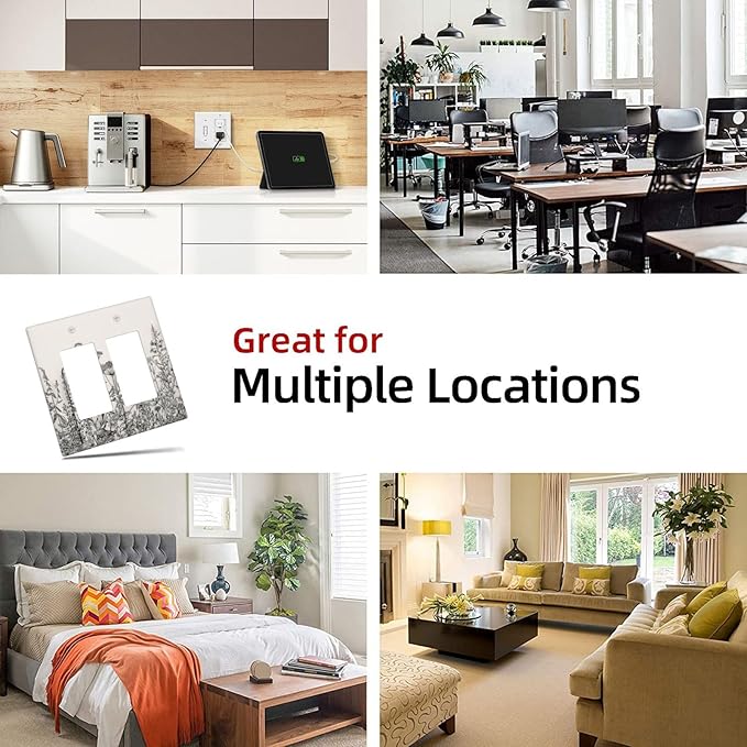 Vintage Grey Floral Herbs Wild Flowers Botanical 2 Gang Rocker Decora Boho Light Switch Covers Decorative Country Unique Dual Outlet Covers Wall Plate Electrical Faceplate Switchplate GFCI