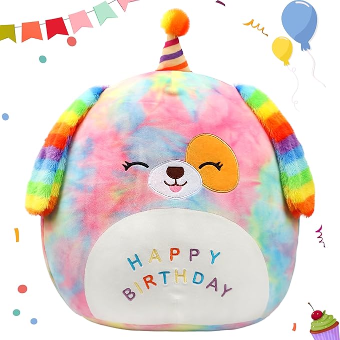 Easfan 20’’ Jumbo Rainbow Birthday Dog Giant Plush Pillow Soft Puppy Plush Toy Cute Dog Stuffed Animal Birthday Gifts for Kids Toddlers