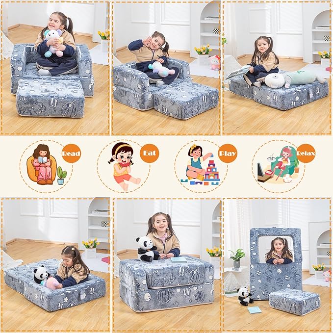 Kids Sofa Couch 3-in-1 Modular Toddler Couch Glowing Grey Baby Couch Foam Armchair for Boys & Girls Children Convertible Sofa to Lounger Plush Fold Out Sofa Play Set with One Ottoman, One Seat