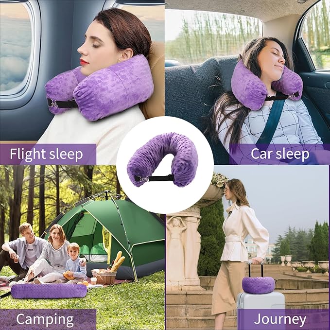 Stuffable Travel Pillow for Extra Luggage, Travel Neck Pillow Stuffable with Clothes, Stuffable Neck Pillow for Travel, Velvet Travel Neck Pillow Storage Bag, Fillable Luggage Pillow (Purple)