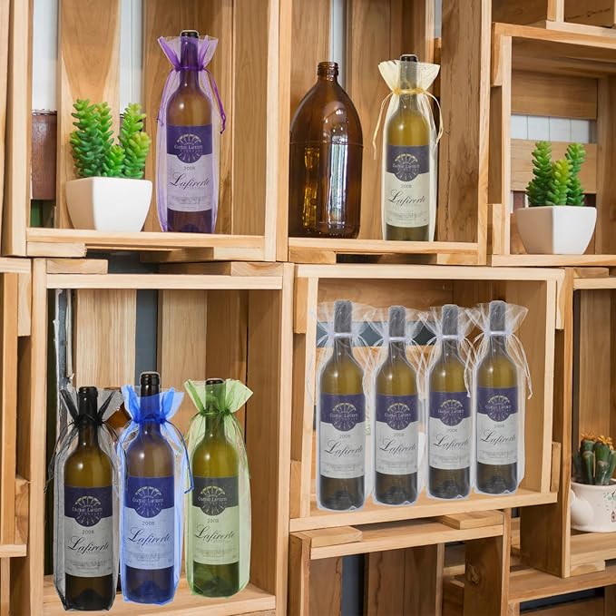 60 Pcs Sheer Organza Wine Bags 14.6 x 5.5 Wine Gift Pouches Sheer Mesh Wine Gift Pouches Reusable Bottle Wrap Bottle Covers Drawstring Gift Wrap Bags Dresses for Wedding Christmas Baby Shower