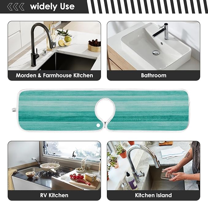 Kitchen Faucet Absorbent Mat,Teal Turquoise Green Wood Water Splash Guard for Sink, Faucet Drip Catcher Thicken Sponge Microfiber Faucet Water Catcher Mat Sink Absorbent Mat for Kitchen 14x5in 2 Pack