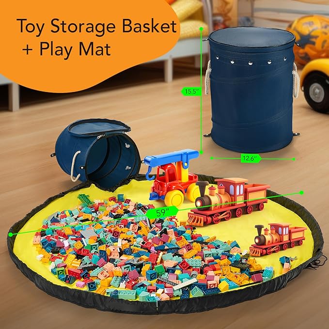 Toy Storage Basket + Play Mat for Kids Toy Chest Organizer Kids Toy Storage Organizer Foldable Big Storage Bins with Lids Large Toy Box for Boys Girls Toy Holders for Kids Rooms Nursery (Blue)