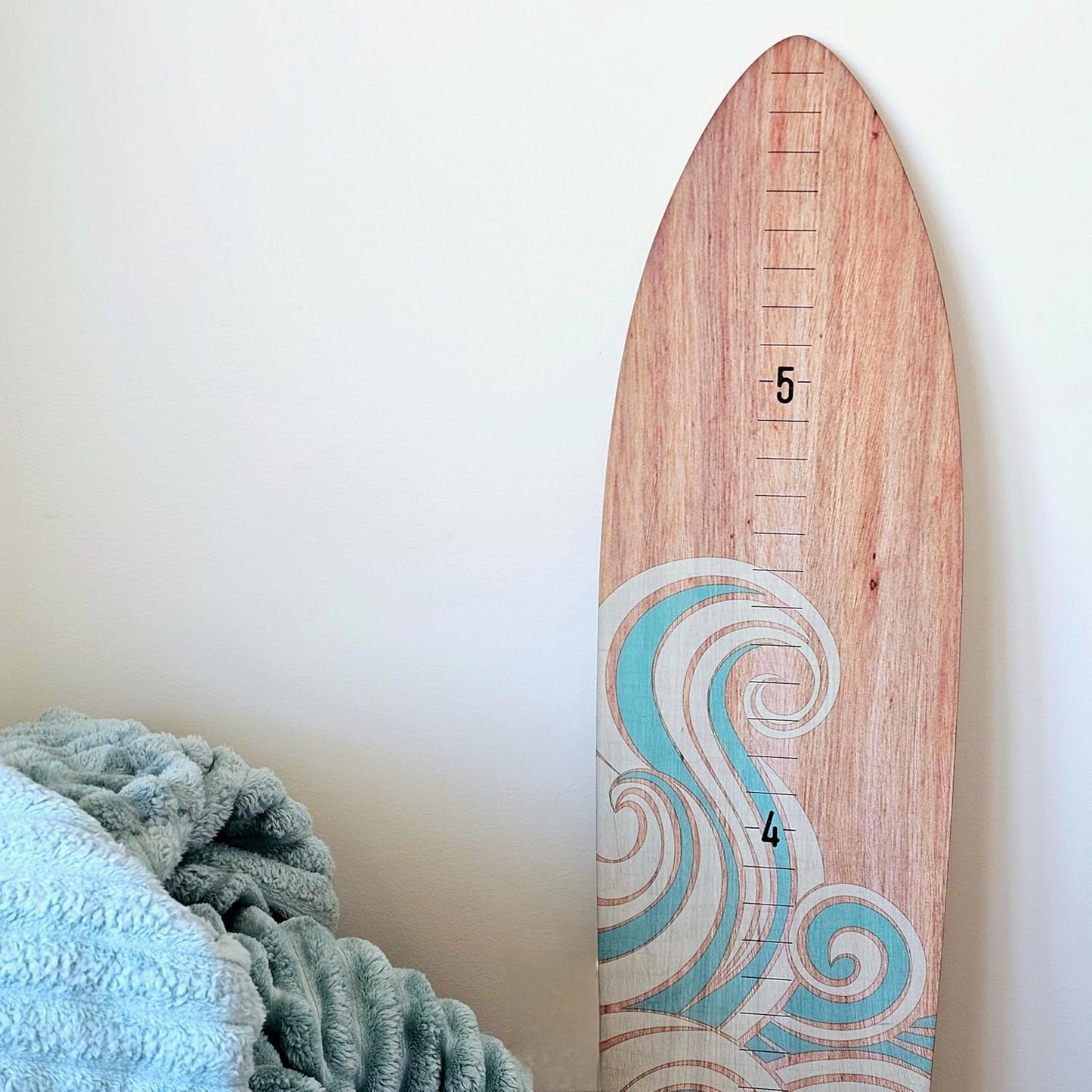 Wooden Surfboard Wall Decor Growth Chart - Surf Board Decor for Kids Room, Wooden Growth Chart for Wall, Surfboard Wall Art, Surfboards for Decoration - Teal Wave (9.5"x 45")