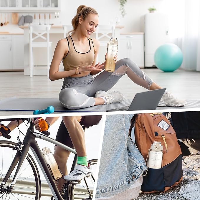 GOSWAG Water Bottles, 32 oz Motivational Sports Water Bottle with Straw and Time Marker to Remind You to Drink, Comes with Carry Strap, Leakproof