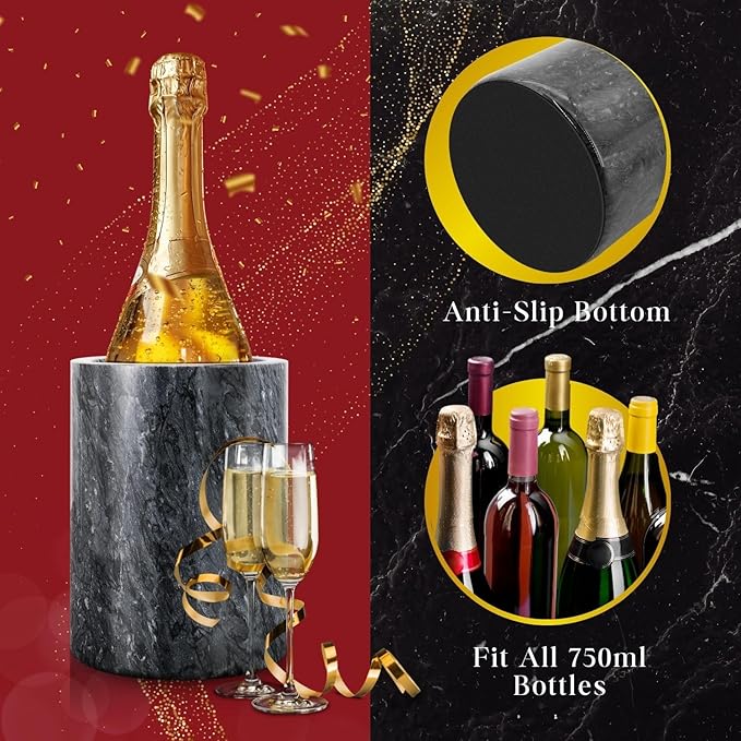 Flexzion Marble Wine Bottle Chiller Bucket - Champagne Cooler, 5x7-inch 750ml Black Marble Utensil Holder for Kitchen Counter & Stone Wine Chillers for Bottles