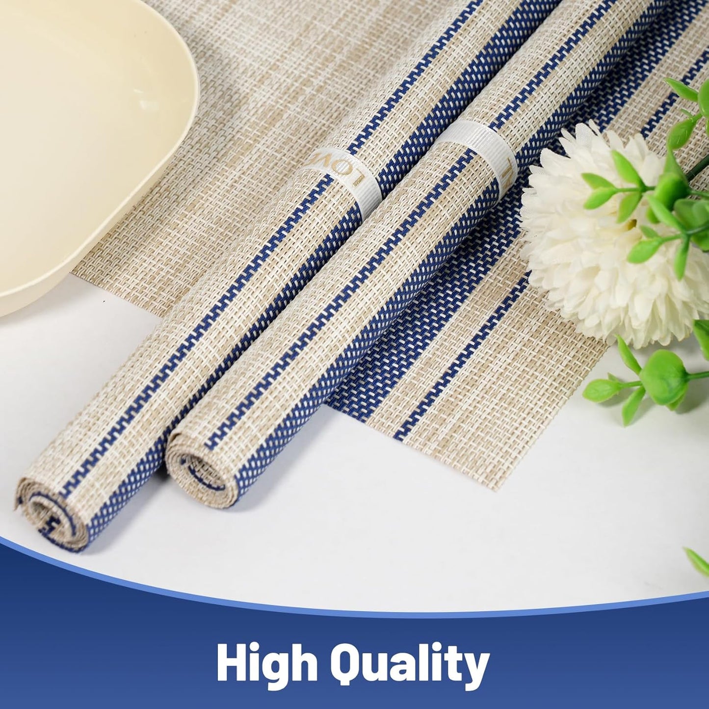 Placemats Set of 8,Non-Slip PVC Weave Table Mats Easy to Clean,Heat Resistant Place Mats for Kitchen Dining Table Decoration Indoor Outdoor,Khaki Blue