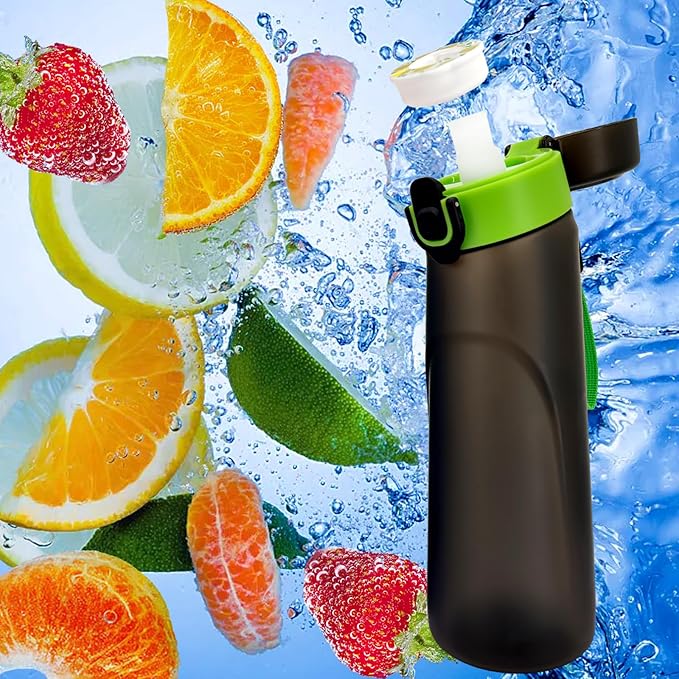 Air Water Bottle with Flavor Pods, 750ML Scent Water Cup with Flavor Pods Box,0% Sugar Fragrance Water Bottle Suitable for Outdoor Sports (Blackgreen+10pods)