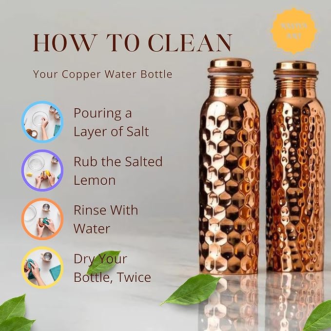 Pure Copper Metal Water Bottle - 32 oz - Indian Handmade Ayurveda Healing Drinking Water Bottle for Travel, Hiking, Gym, Office, Outdoor - Glossy Brick