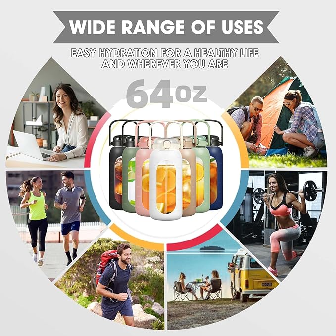 Glass Water Bottles 64 oz - Half Gallon Water Bottle with Straw Phone Holder Handle Time Marker and Silicone Sleeve, Large Motivational Water Jug with Carrier Bag for Daily Intake Gym White
