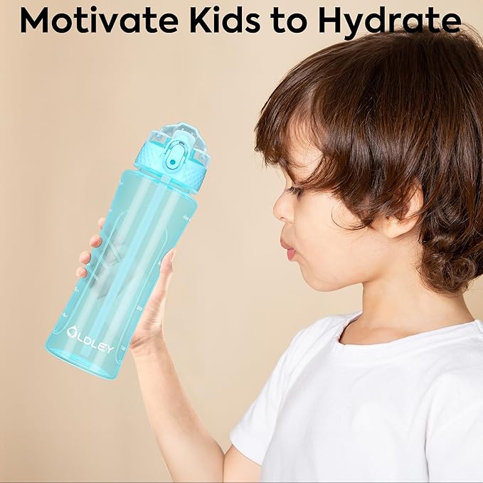OLDLEY Kids Water Bottle with Straw 15 oz BPA-Free Leak-Proof Motivational Water Bottles with Time Marker for School Sports Travel Gym, Easy to Use for Girls Goys, 1 Straw Lid, Transparent-blue
