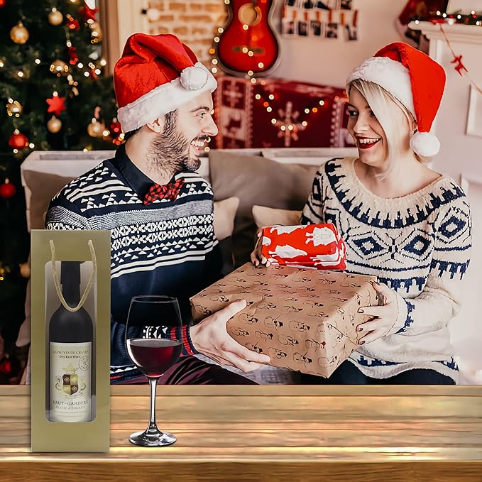 WAKAKO 12 Pcs Wine Gift Bags for Wine Bottles, Reusable Clear Window Wine Bottle Bags Bulk with Handles for Weddings, Valentine's Day, Birthday, Party, Graduations, Thanksgiving (gold)