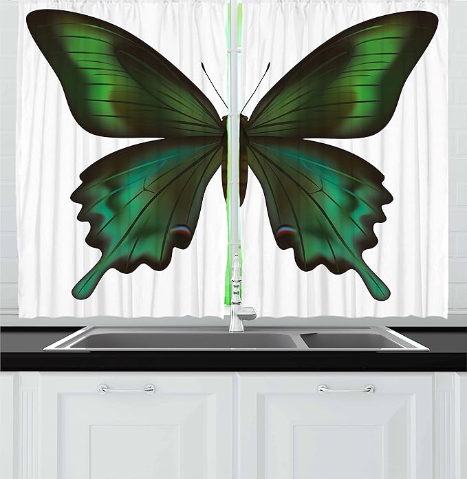 Ambesonne Swallowtail Butterfly Kitchen Curtains, Realistic Exotic Wildlife Creature in Green Tones, Window Drapes 2 Panel Set for Kitchen Cafe Decor, 55" x 30", Olive Green