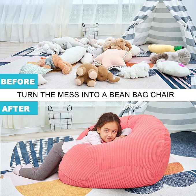 Stuffed Animal Storage Bean Bag Chair Cover for Kids, 38" Beanbag Chairs Cover Plush Toys Organizer Super Soft Corduroy with Handle and Zipper for Boys and Girls - Pink