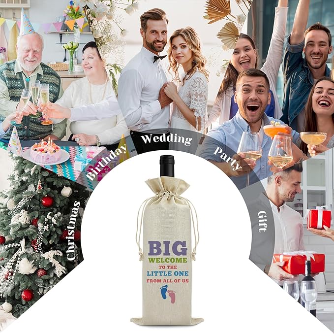 Welcome Baby Wine Bag New Baby Birth Gift for Friends Sister Baby Announcement Gift for Mom Dad Baby Girl Baby Boy Gift Drawstring Wine Wrapping Bag Baby Shower Decors Reusable Burlap Wine Gift Bag