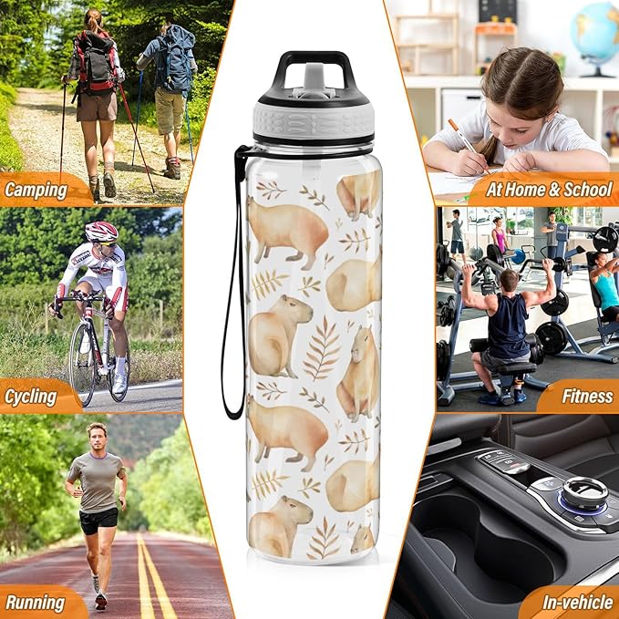 Capybaras Water Bottle with Straw Leafs Sports Bottles BPA-Free Tritan Water Jug with Carrying Strap for Gym Office Outdoor Sports