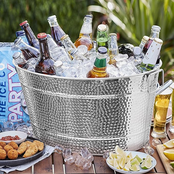 Large Ice Buckets with Handles, IKAYAS Beverage Tub with Scoop and Tongs for Cocktail Bar Mimosa Bar Supplies, Champagne Bucket Beer Bucket, Silver