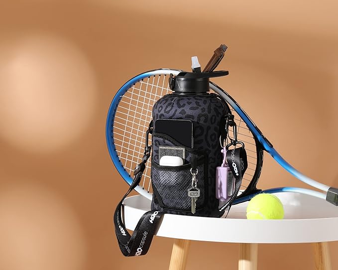 H2O Capsule 2.2L Half Gallon Water Bottle with Storage Sleeve and Removable Straw – BPA Free Large Reusable Drink Container with Handle - Big Sports Jug, 2.2 Liter (74 Ounce), Black Leopard