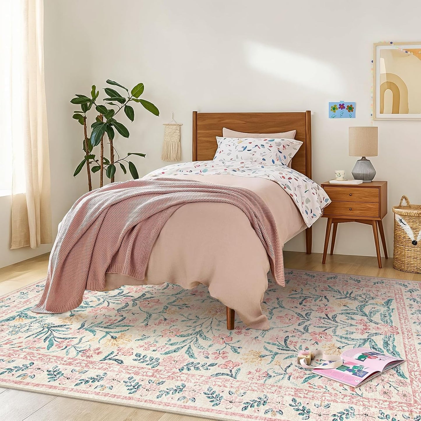 Wonnitar 8 x 10 Area Rugs for Living Room, Boho Large Washable Bedroom Rug 8x10, Soft Pink Floral Carpet Non Slip, Low Pile Indoor Carpet for Girls Room Playroom Nursery