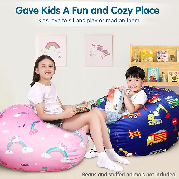 Lukeight Unicorns Stuffed Animal Storage Bean Bag Chair Cover for Kids, Unicorns Zipper Beanbag Chair Cover for Organizing Toddler and Kids' Rooms Plush Toys (Rainbow Pink, XX-Large)