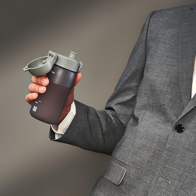 Ion8 Small Water Bottle, 350 ml/12 oz, Leak Proof, Easy to Open, Secure Lock, Dishwasher Safe, BPA Free, Carry Handle, Hygienic Flip Cover, Easy Clean, Odor Free, Carbon Neutral, Grey