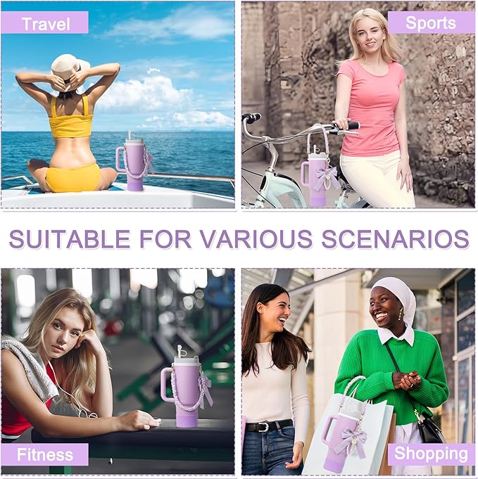 Stanley Cup Accessories Set- Water Bottle Handle Strap, Stanley Cup Protective Silicone Boot, Bow Design Stanley Charms for Stanley Cup 40oz /30 oz Tumbler Purple Stanley Cup Accessories