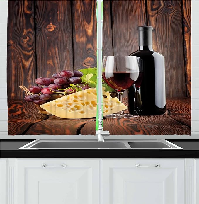 Ambesonne Wine Kitchen Curtains, Red Wine Cabernet Bottle and Glass Cheese and Grapes on Wood Planks Print, Window Drapes 2 Panel Set for Kitchen Cafe Decor, 55" x 24", Burgundy Brown