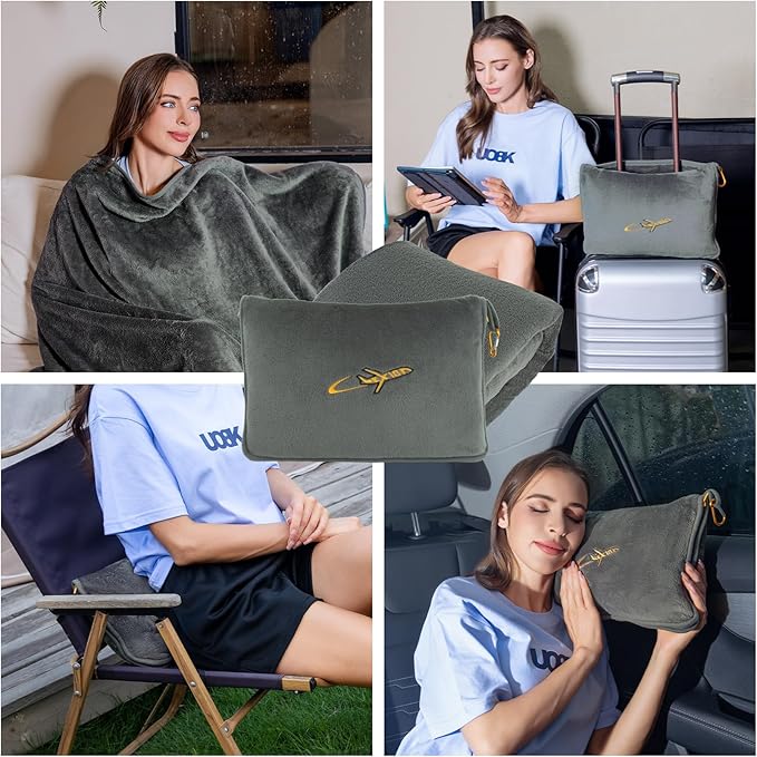 Travel Blanket Pillow- Premium Soft 300 GSM Thick 3 in 1 Airplane Blanket for Long Trips Essentials with Bag Pillowcase, Hand Luggage Sleeve and Backpack Clip (Grey)