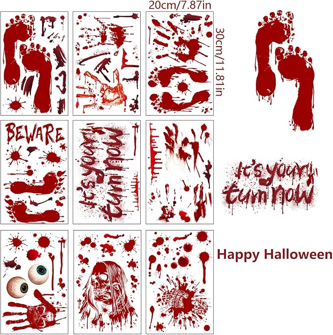 Halloween Decorations Halloween Window Clings Bloody Handprint Footprint Decals Horror Stickers for Glass Window Wall Art 9 Sheets
