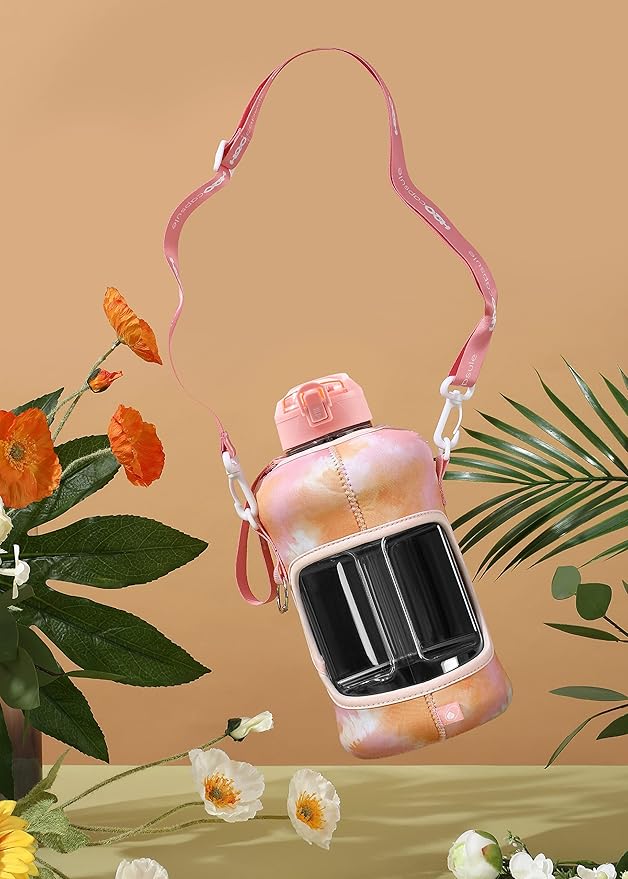 H2O Capsule 2.2L Half Gallon Water Bottle with Storage Sleeve and Removable Straw – BPA Free Large Reusable Drink Container with Handle - Big Sports Jug, 2.2 Liter (74 Ounce), Warm TieDye