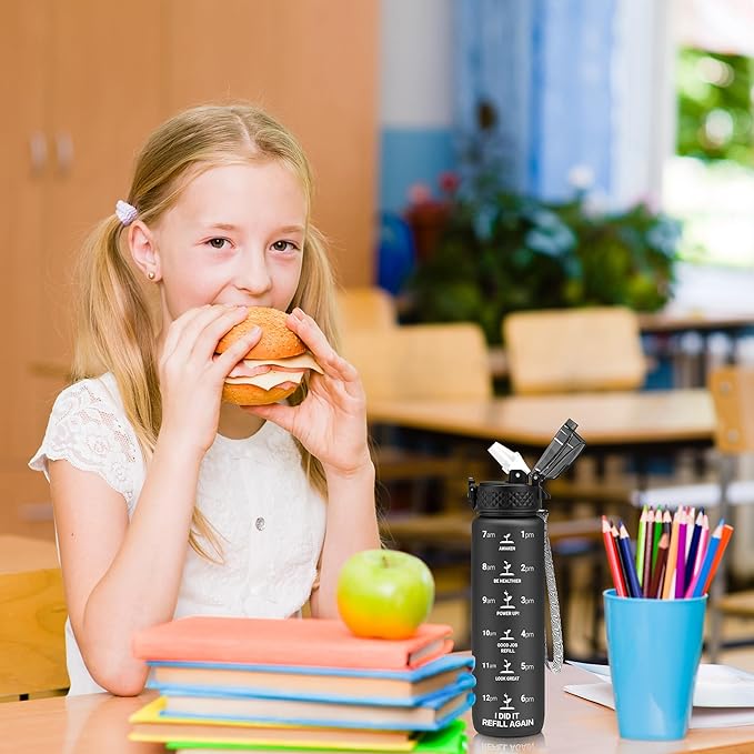 OLDLEY Kids Water Bottle for School, 17 oz (2 lids) BPA-Free Reusable Leak-proof Durable Tritan Plastic Water Bottles with Straw & Chug Lids, Anti-dust Spout Cover (Black)