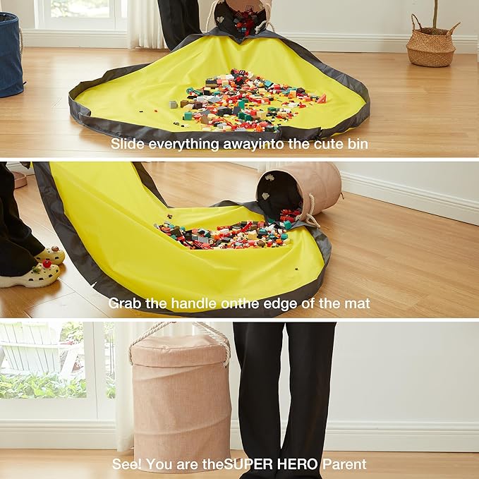 EXQ Home Toy Storage Basket and Building Bricks Toy Play Mat for Kids Rooms (11.8 x15 inches) - Organizer Storage Organizer for Toys, Playroom Canvas Bag Gift for Boy/Girls Beige