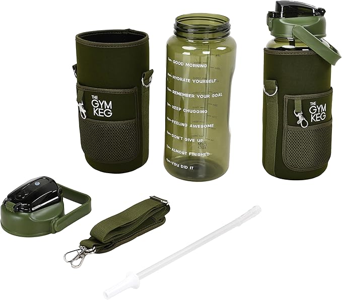 THE GYM KEG Water Bottle with Carrier - Sweat-Proof and Durable Silicon Bottle with Neoprene Sleeve - 74 oz Capacity - Hands-Free Storage Pockets - Water Bottle with Sleeve and Strap - Forest Green
