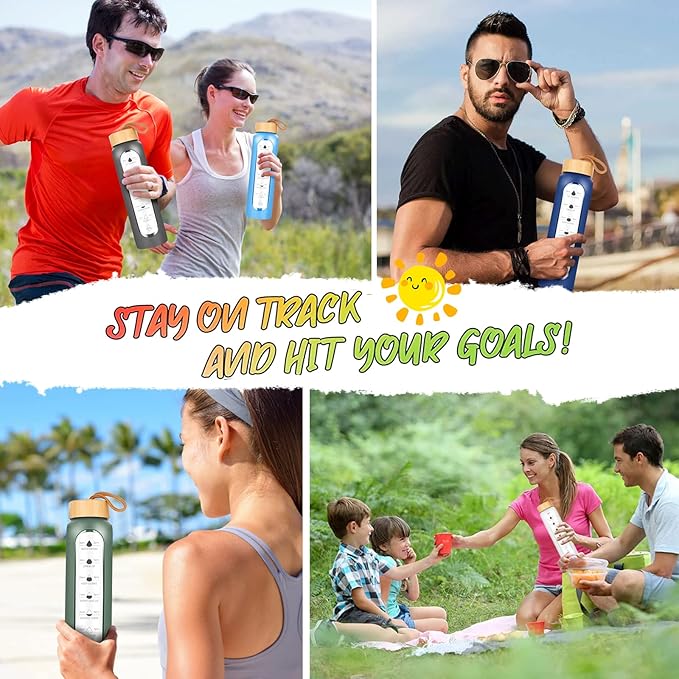 32 Oz Borosilicate Glass Water Bottle with Times to Drink | BPA Free - Reusable Wide Mouth Glass Motivational Water Bottles with Infuser & Silicone Sleeve (gray)