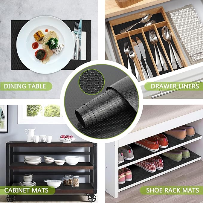 HooTown Shelf Liner Kitchen Cabinet Drawer Mats 11.8 Inch Wide x 19.6 Feet Long, Non Adhesive EVA Rubber Washable Waterproof Pantry Closet, Cupboard, Drawer Organizer Mat, Black