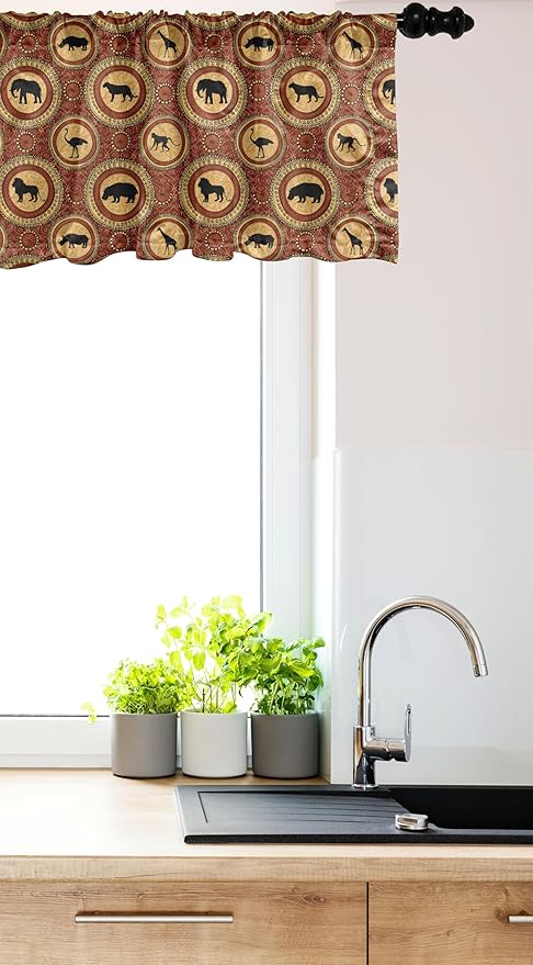 Ambesonne Savannah Window Valance, Medallion Pattern of Monkey Giraffe Lion African Inspired Ethnic Design, Curtain Valance for Kitchen Bedroom Decor with Rod Pocket, 42" x 18", Mustard and Brown