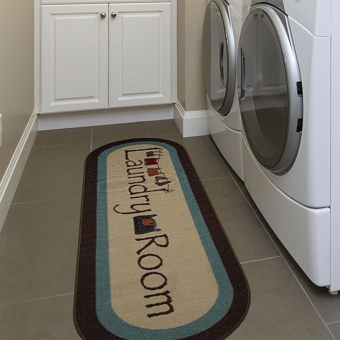 Ottomanson Laundry Collection Non-Slip Rubberback Bordered Design 2x5 Laundry Room Runner Rug, 20" x 59" Oval, Beige