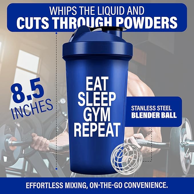 Shaker Bottles for Protein Shakes 24oz, Plastic Bottle for Pre and Post Workout, Protein Shaker Bottle with Wire Whisk Ball, Shaker Cup, Dishwasher Safe (EAT SLEEP GYM REPEAT, BLUE)