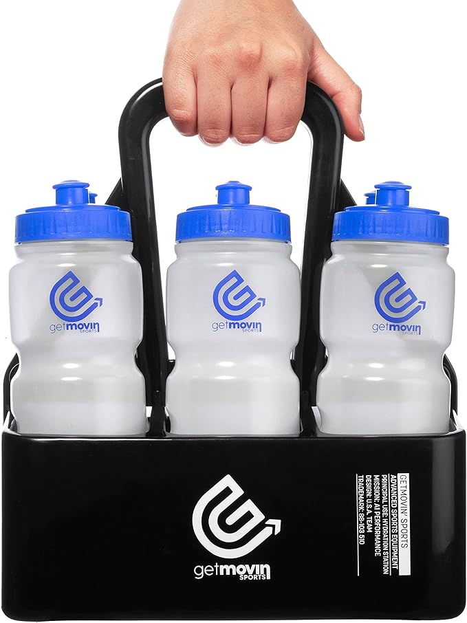 Premium Hydration Station Includes 6 Ergonomic Squeeze Water Bottles Black And 1 Water Bottle Carrier (Blue)