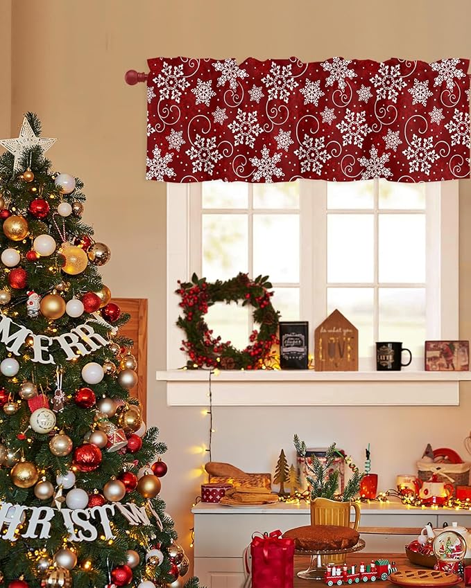 Christmas Valance Curtains for Kitchen Windows Red White Snowflakes Pattern Rod Pocket Window Treatment Toppers for Kitchen/Living Room/Bedroom/Bathroom, 42" X 18", Winter